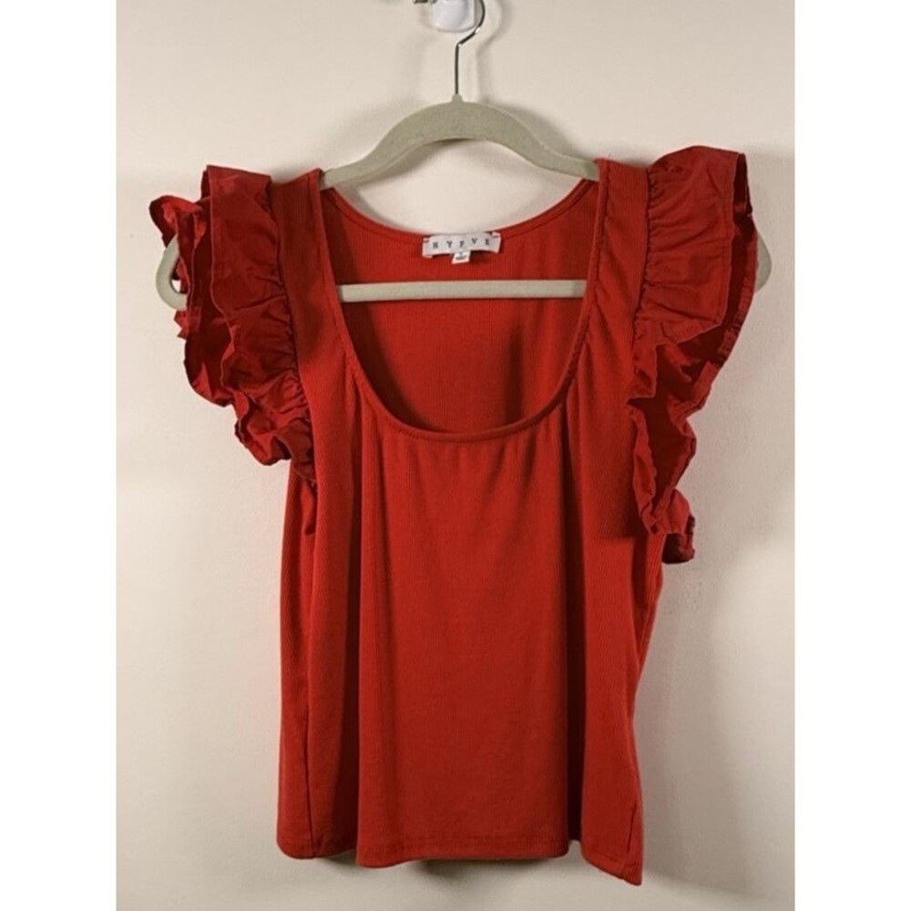 HYFVE Womens Red Ribbed Knit Scoop Neck Ruffle Sleeve Tank Top - L